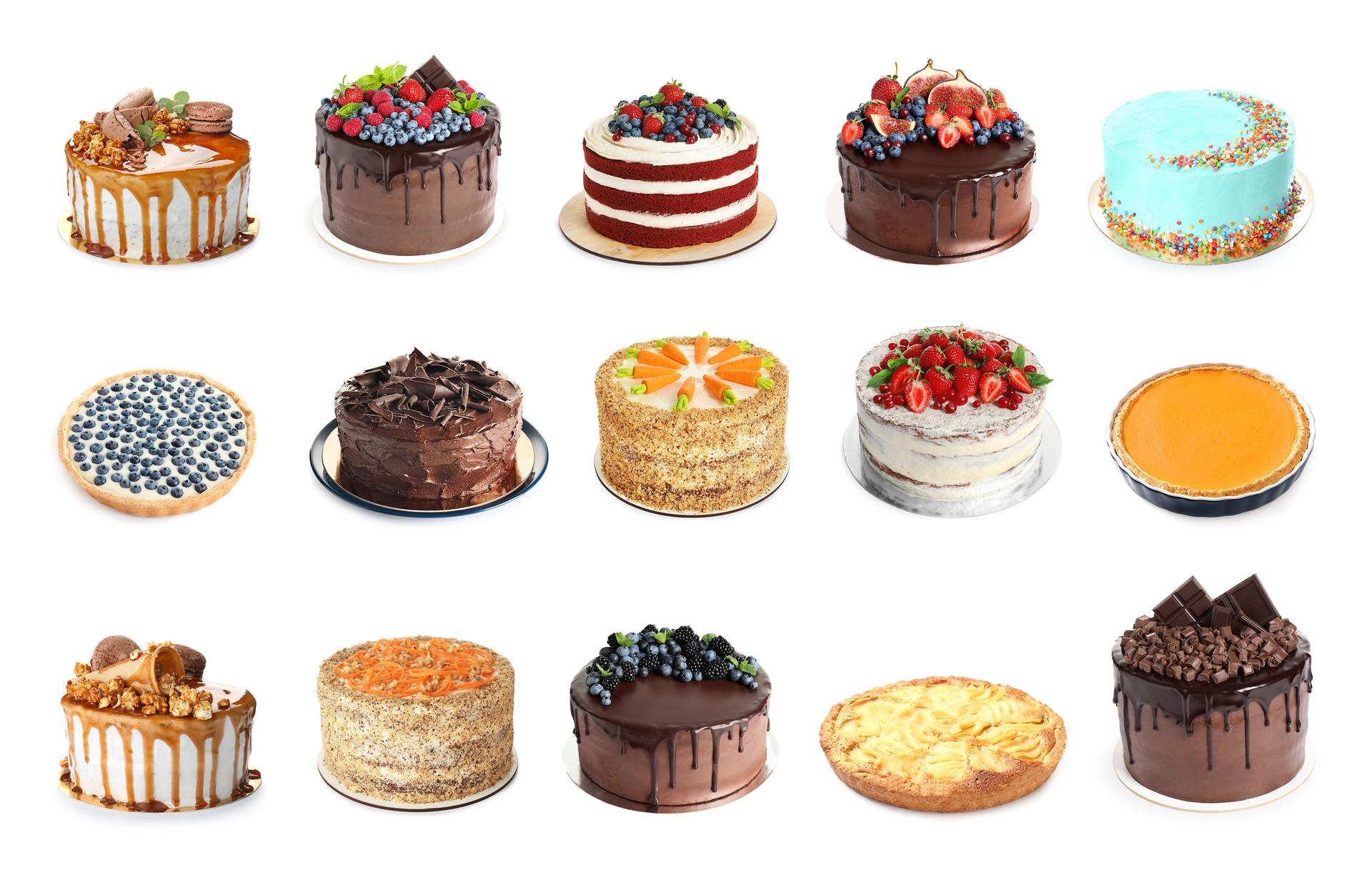 Set of different delicious cakes isolated on white