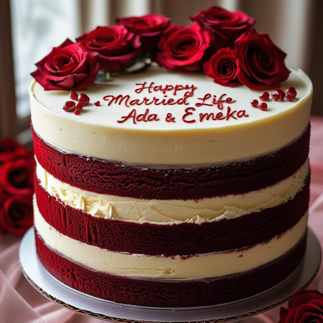 Red velvet cake with white frosting, topped with red roses and inscription celebrating a married couple.