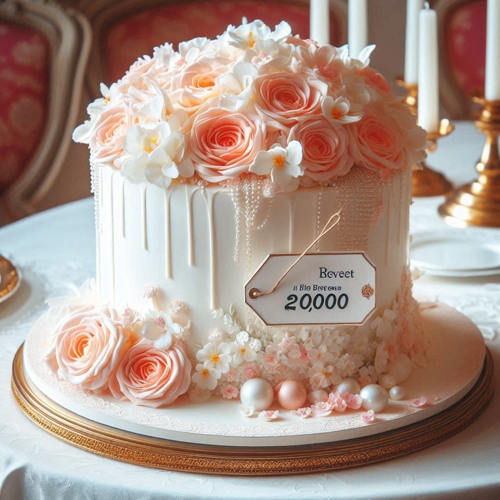 Elegant white cake with peach roses and pearls on a decorated table.