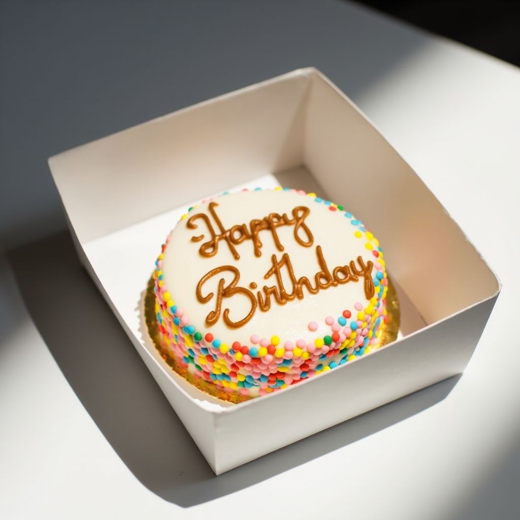 Birthday cake with colorful sprinkles and 'Happy Birthday' icing in an open box.