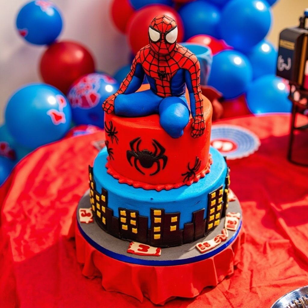 Spider-themed birthday cake with figurine, surrounded by blue and red balloons.