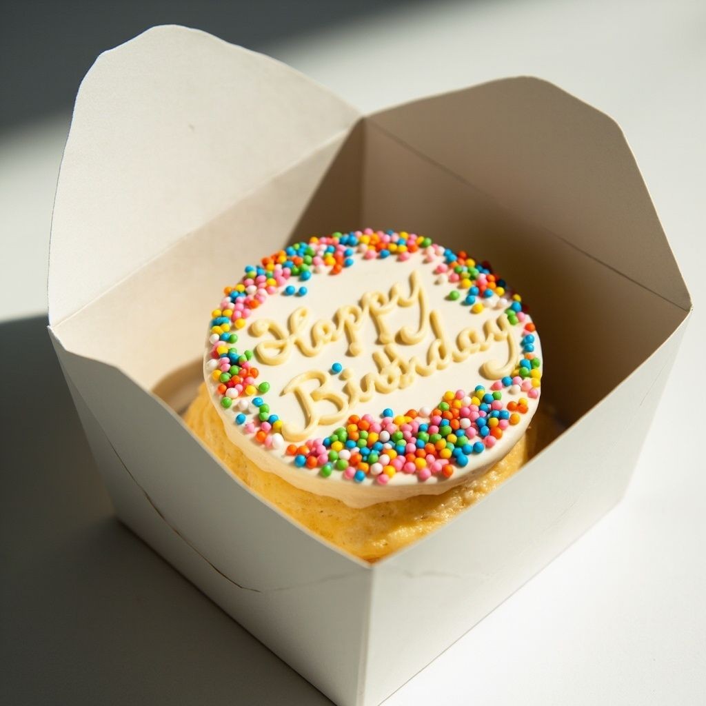 Small birthday cake with sprinkles and 'Happy Birthday' icing in a white box.
