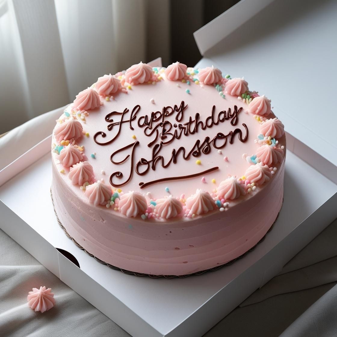 Pink frosted birthday cake with piping and sprinkles in a white box.
