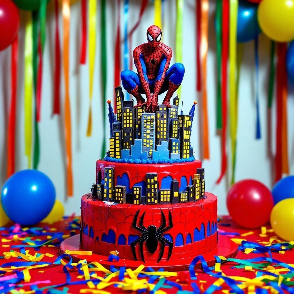 Spider-themed cake with a superhero figure on top, surrounded by balloons and streamers.