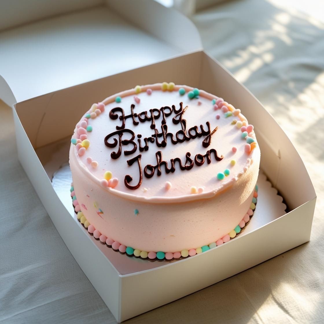 Pink frosted birthday cake with 'Happy Birthday Johnson' in a white box on a table.