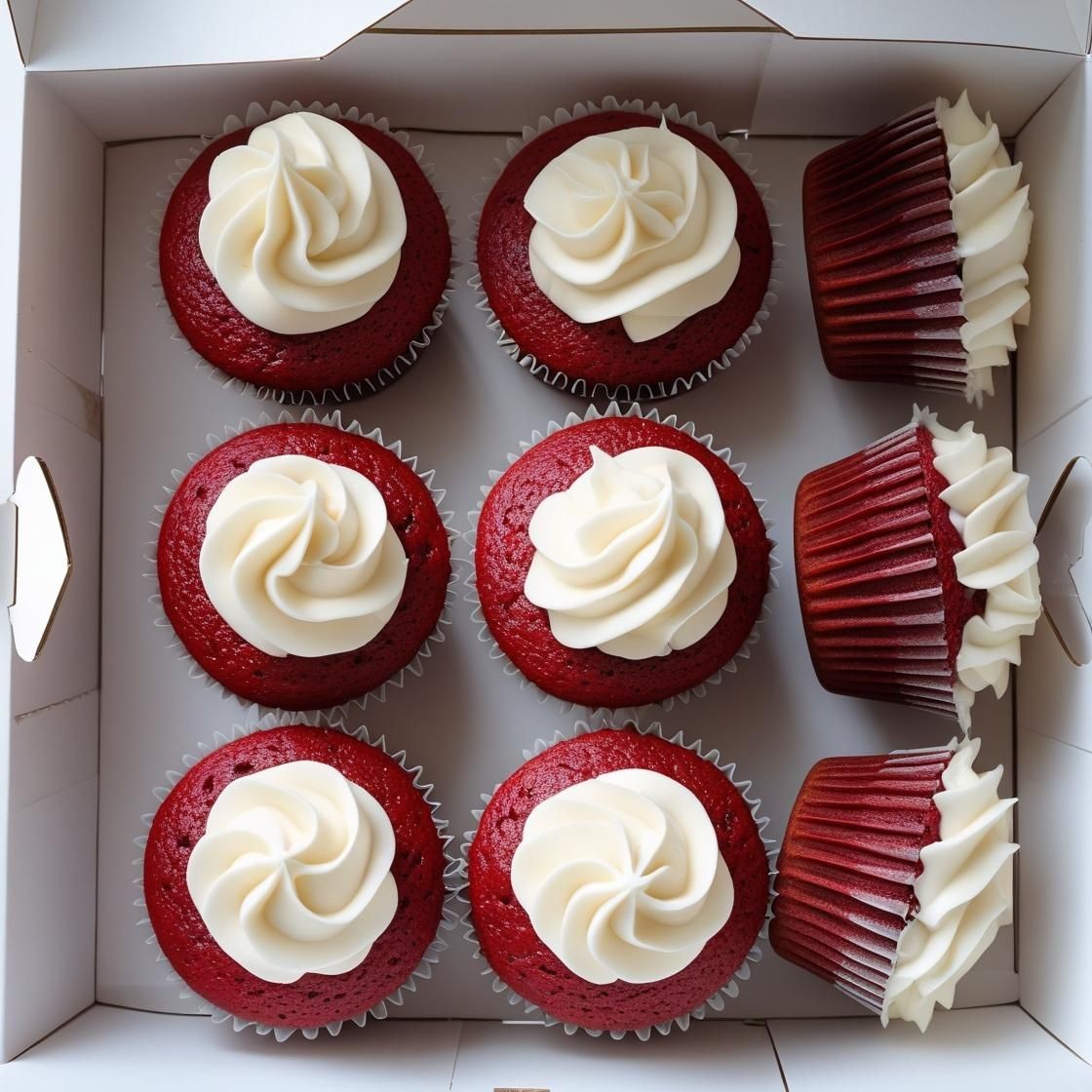 Box of six red velvet cupcakes topped with white frosting, two leaning to the side.