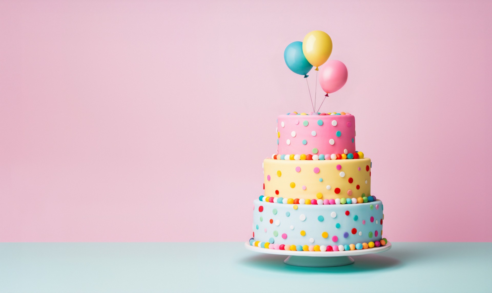 Tiered birthday cake decorated with balloons