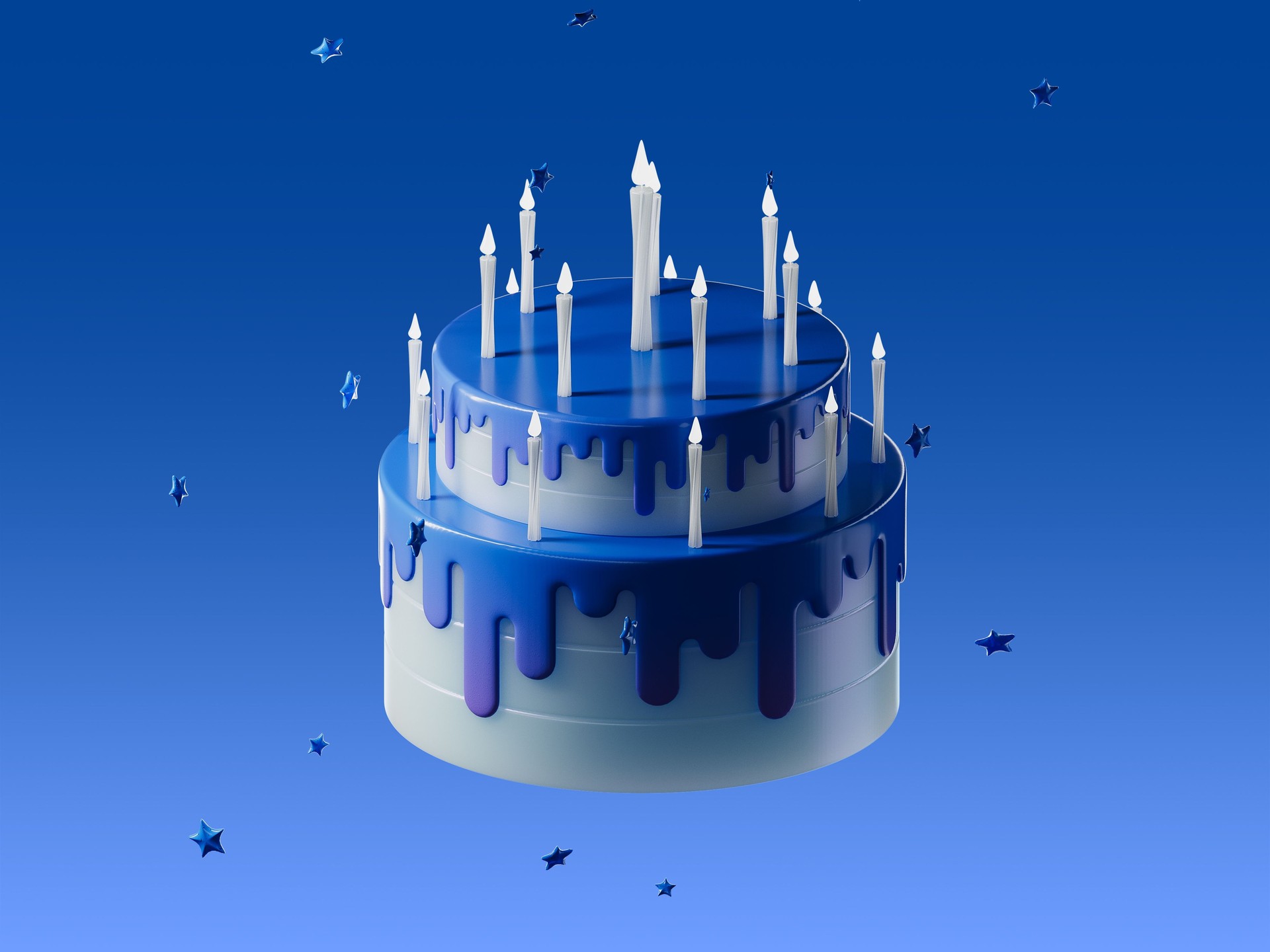 The 3D icon shows a cake or pie with candles, which symbolizes victory, celebration and success. It has a digital, blue texture